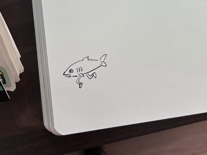 Drawing of a fish with legs that I left at Happy Hues