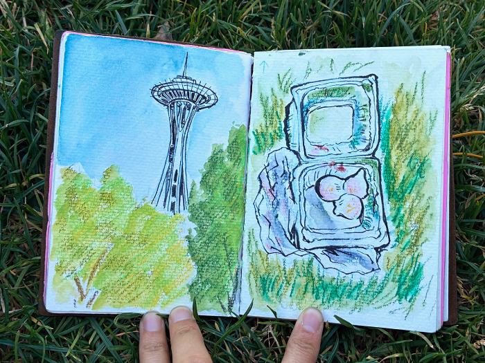 Spread of drawings of the Space Needle (left) and the dumplings I was eating (right)