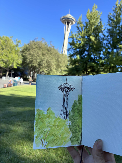 Drawing of the Space Needle with ink and Neocolors