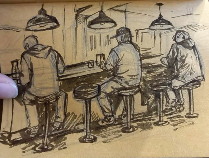Drawing of men eating at a diner counter